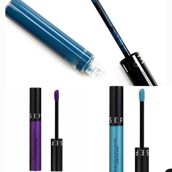 NWT 4 Sephora cream lip stains in polished purple, stone blue and sea mist